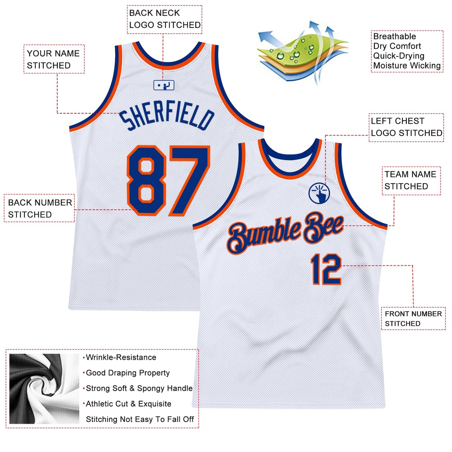 Custom White Royal-Orange Authentic Throwback Basketball Jersey view 2