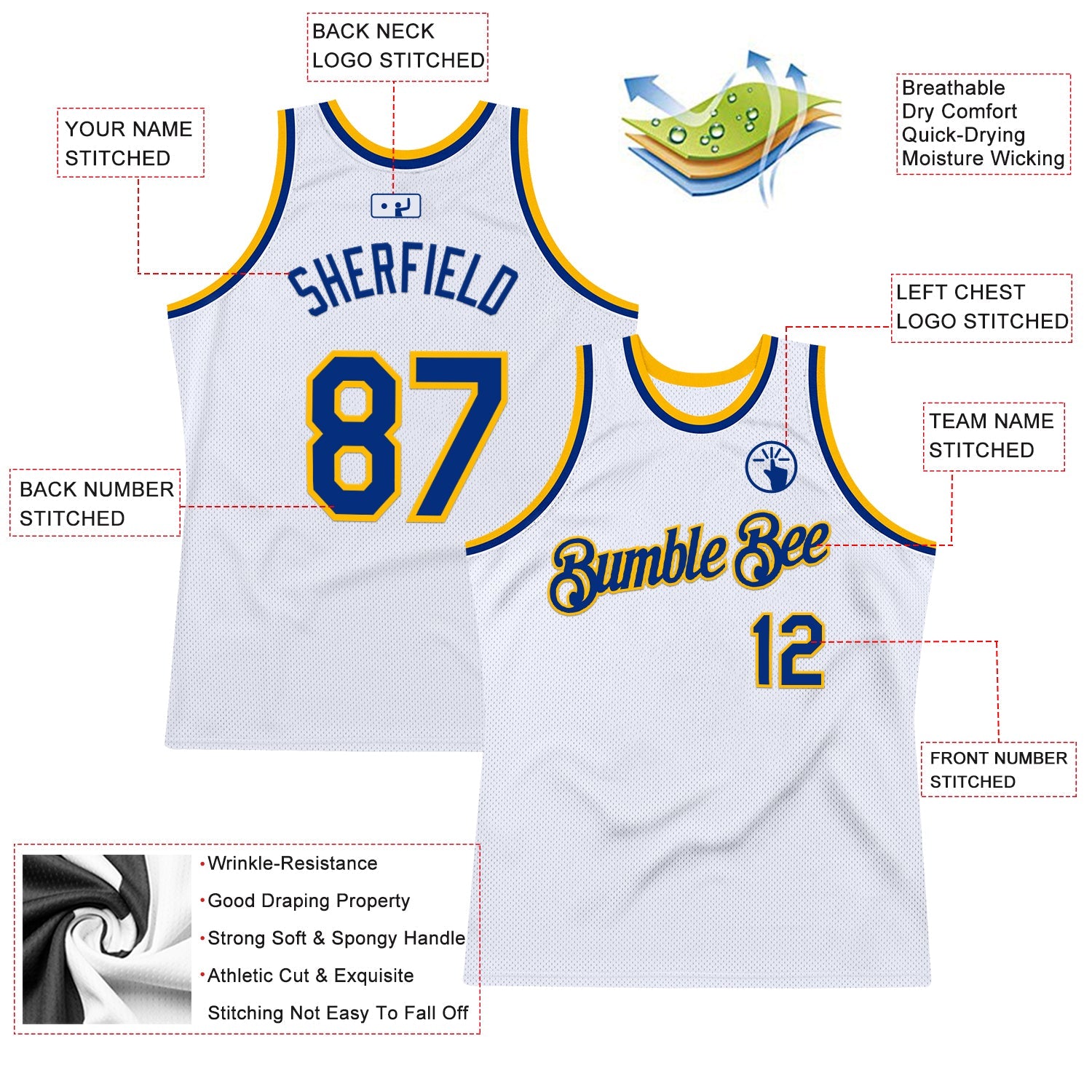 Custom White Royal-Gold Authentic Throwback Basketball Jersey view 2