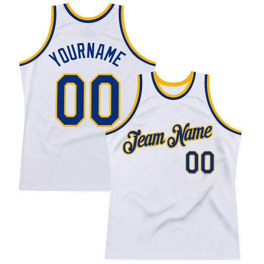 Custom White Royal-Gold Authentic Throwback Basketball Jersey - Main View