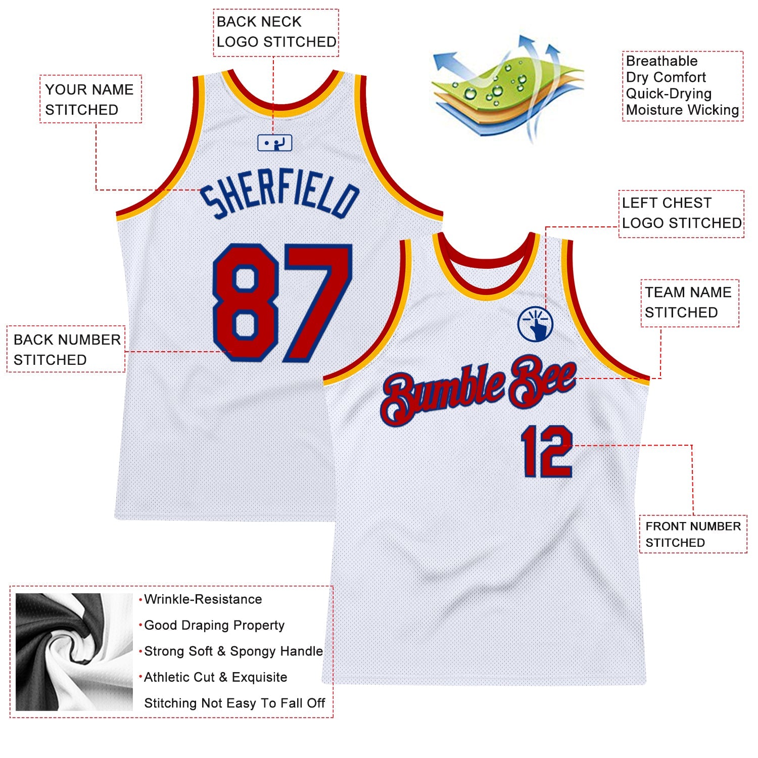 Custom White Red Royal-Gold Authentic Throwback Basketball Jersey view 2