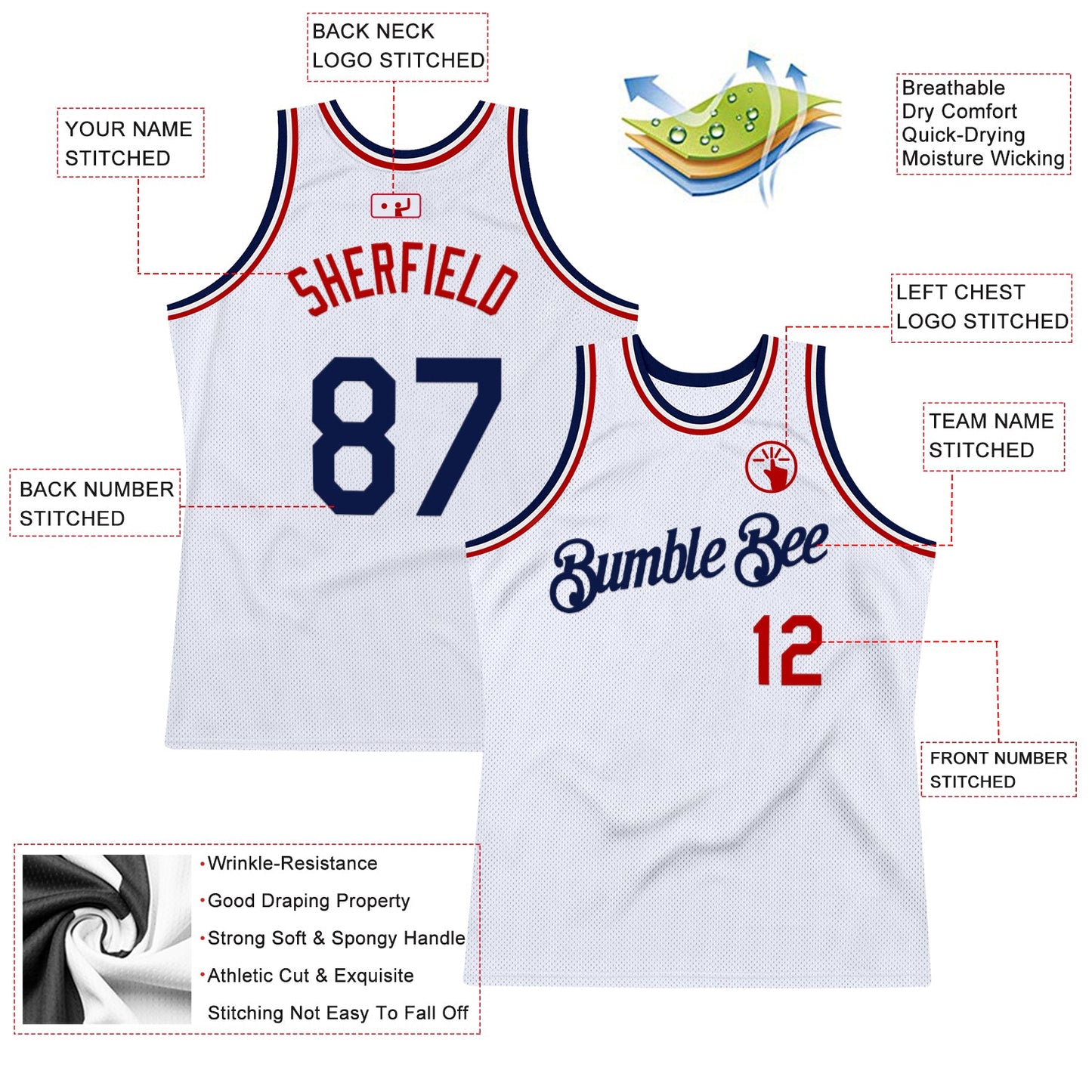Custom White Navy-Red Authentic Throwback Basketball Jersey view 2