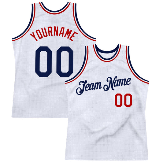Custom White Navy-Red Authentic Throwback Basketball Jersey - Main View