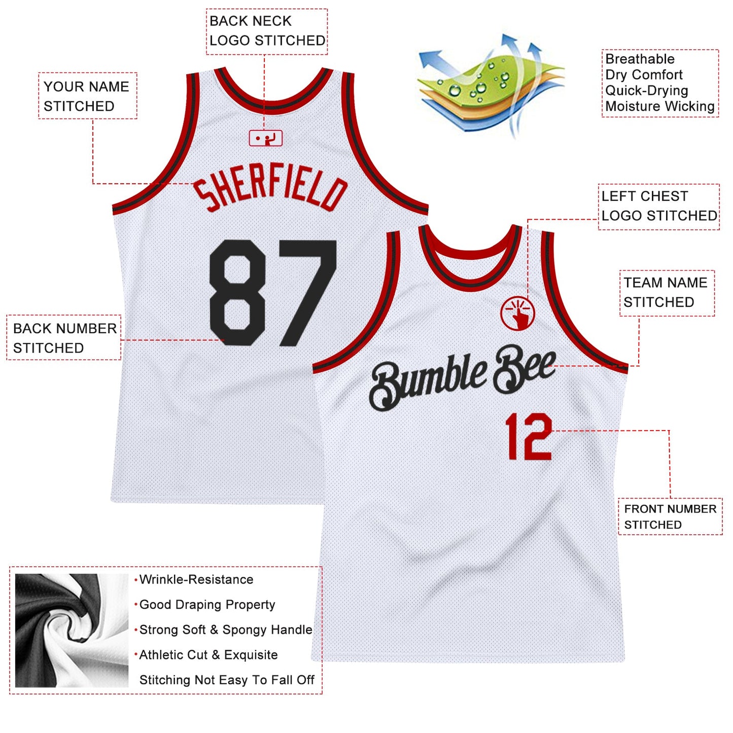Custom White Black-Red Authentic Throwback Basketball Jersey view 2