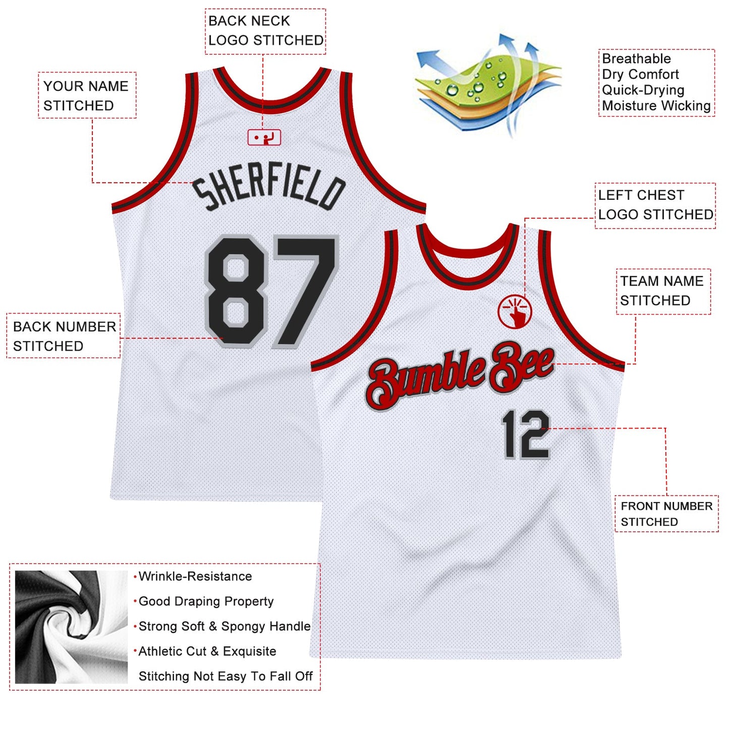 Custom White Black Gray-Red Authentic Throwback Basketball Jersey view 2