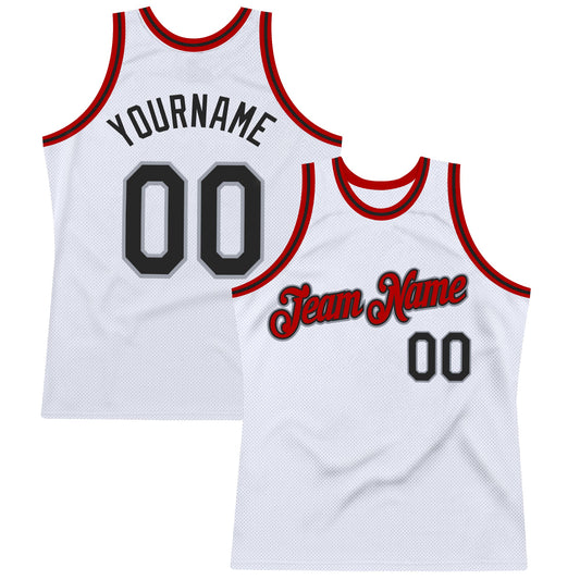 Custom White Black Gray-Red Authentic Throwback Basketball Jersey - Main View