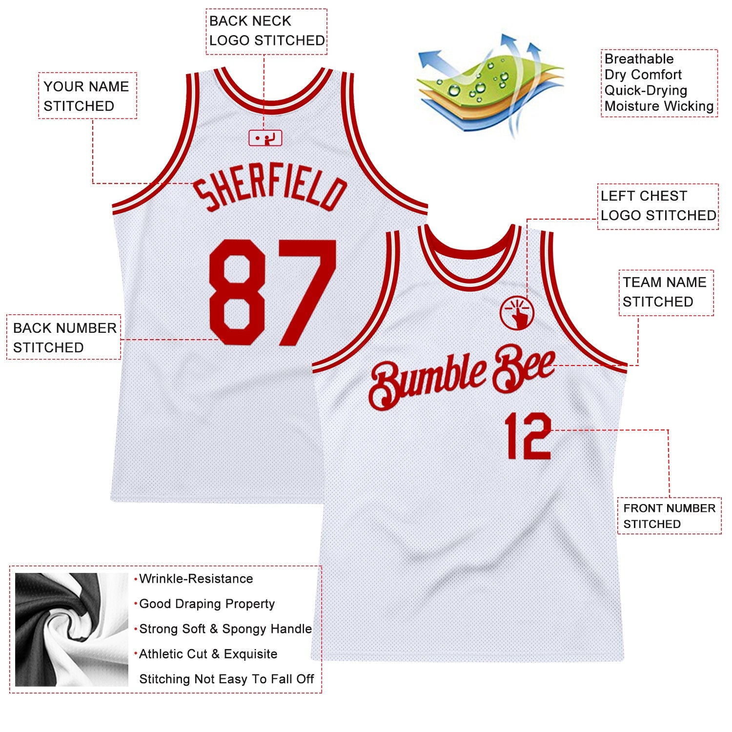 Custom White Red Authentic Throwback Basketball Jersey view 2