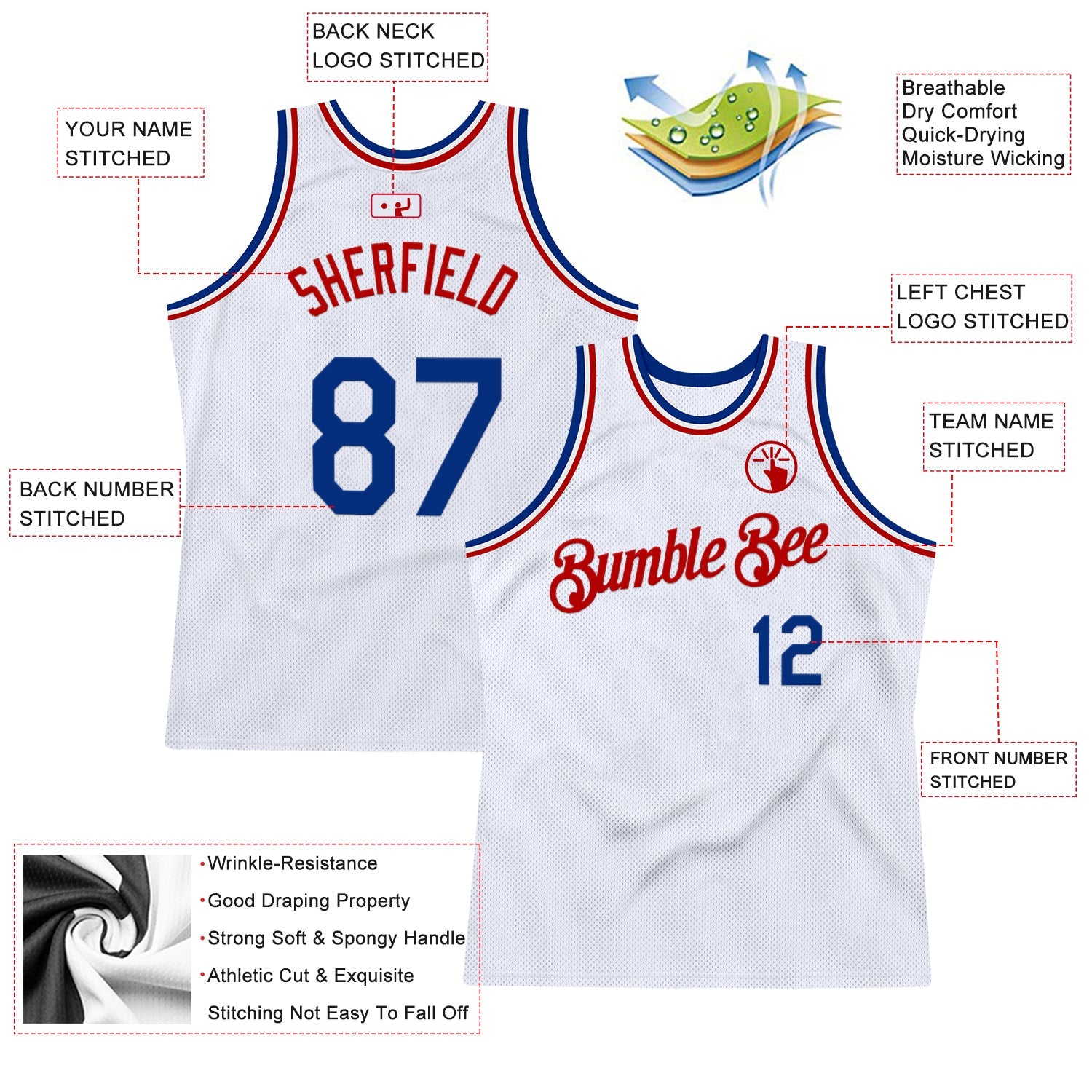Custom White Royal-Red Authentic Throwback Basketball Jersey view 2