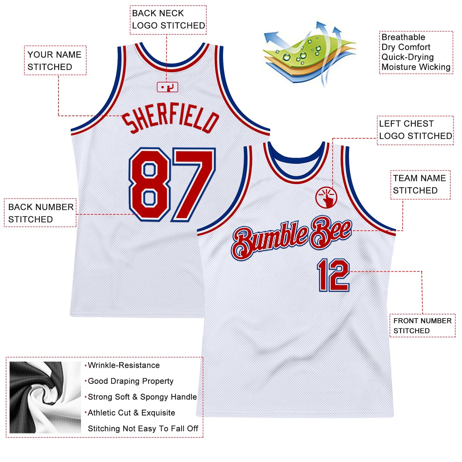 Custom White Red-Royal Authentic Throwback Basketball Jersey view 2
