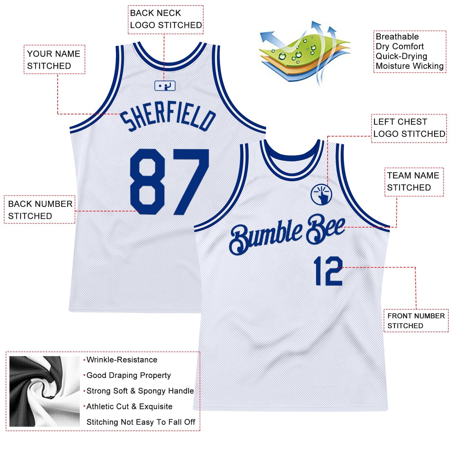 Custom White Royal Authentic Throwback Basketball Jersey view 2