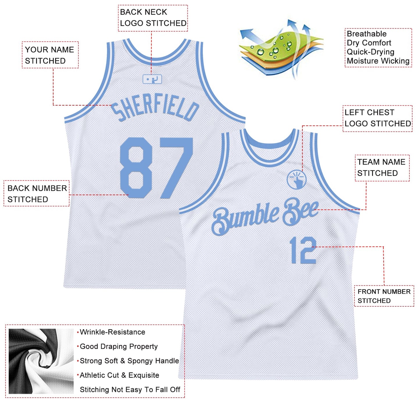Custom White Light Blue Authentic Throwback Basketball Jersey view 2