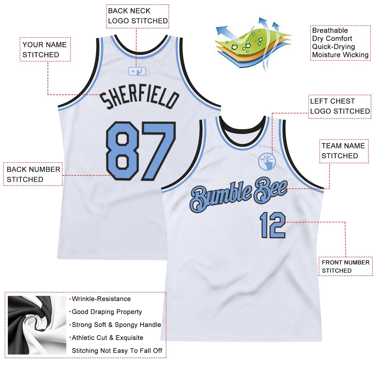 Custom White Light Blue-Black Authentic Throwback Basketball Jersey view 2