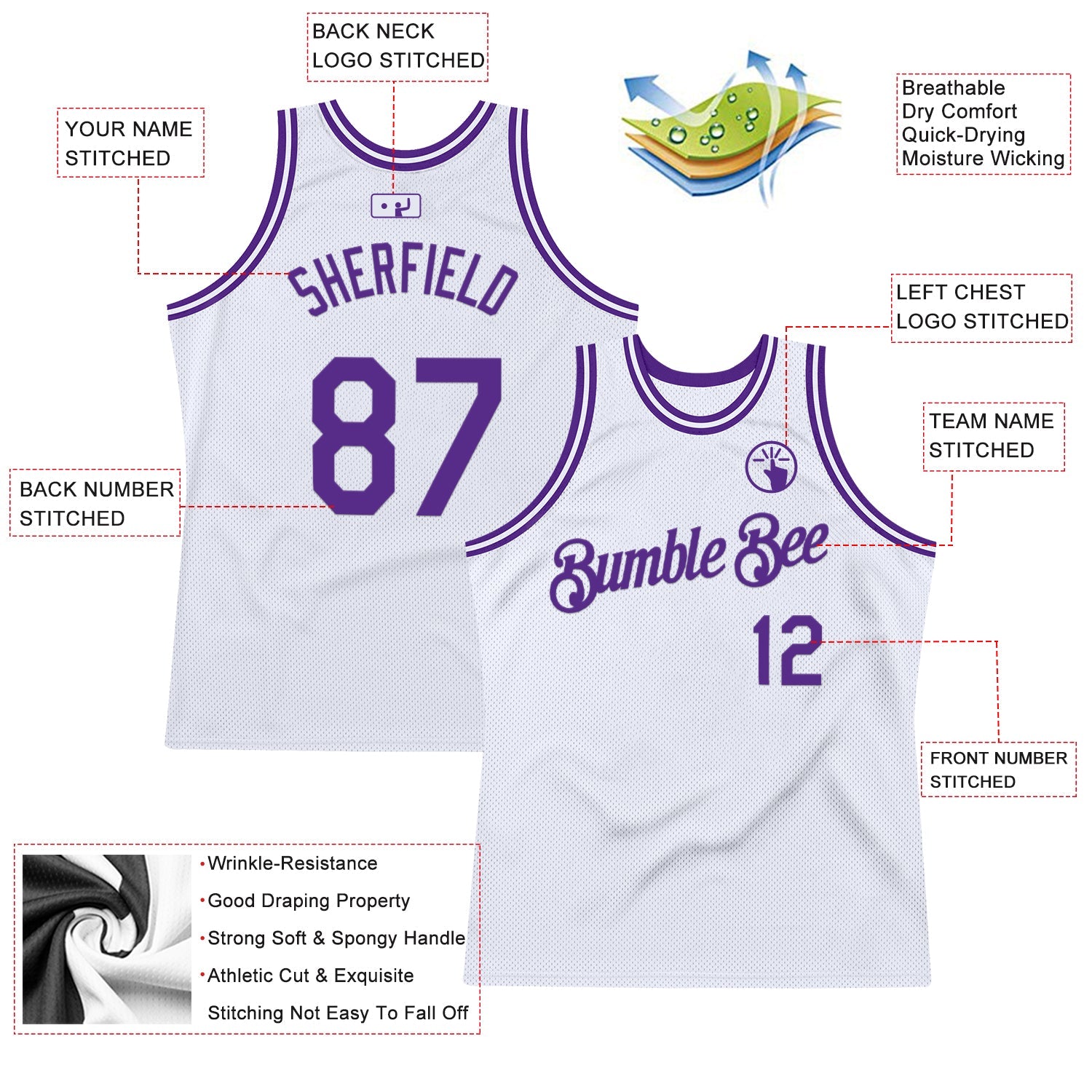 Custom White Purple Authentic Throwback Basketball Jersey view 2