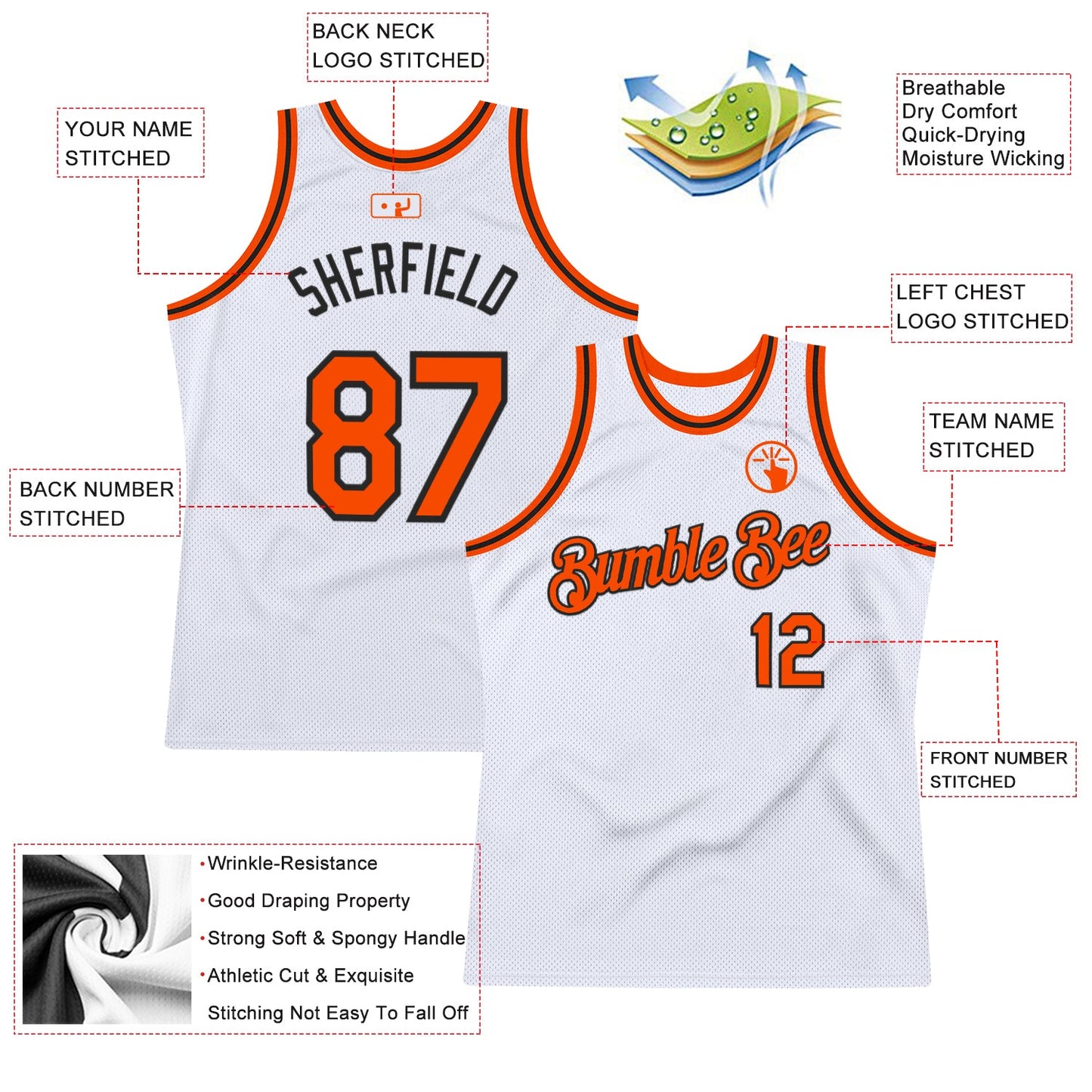 Custom White Orange-Black Authentic Throwback Basketball Jersey view 2
