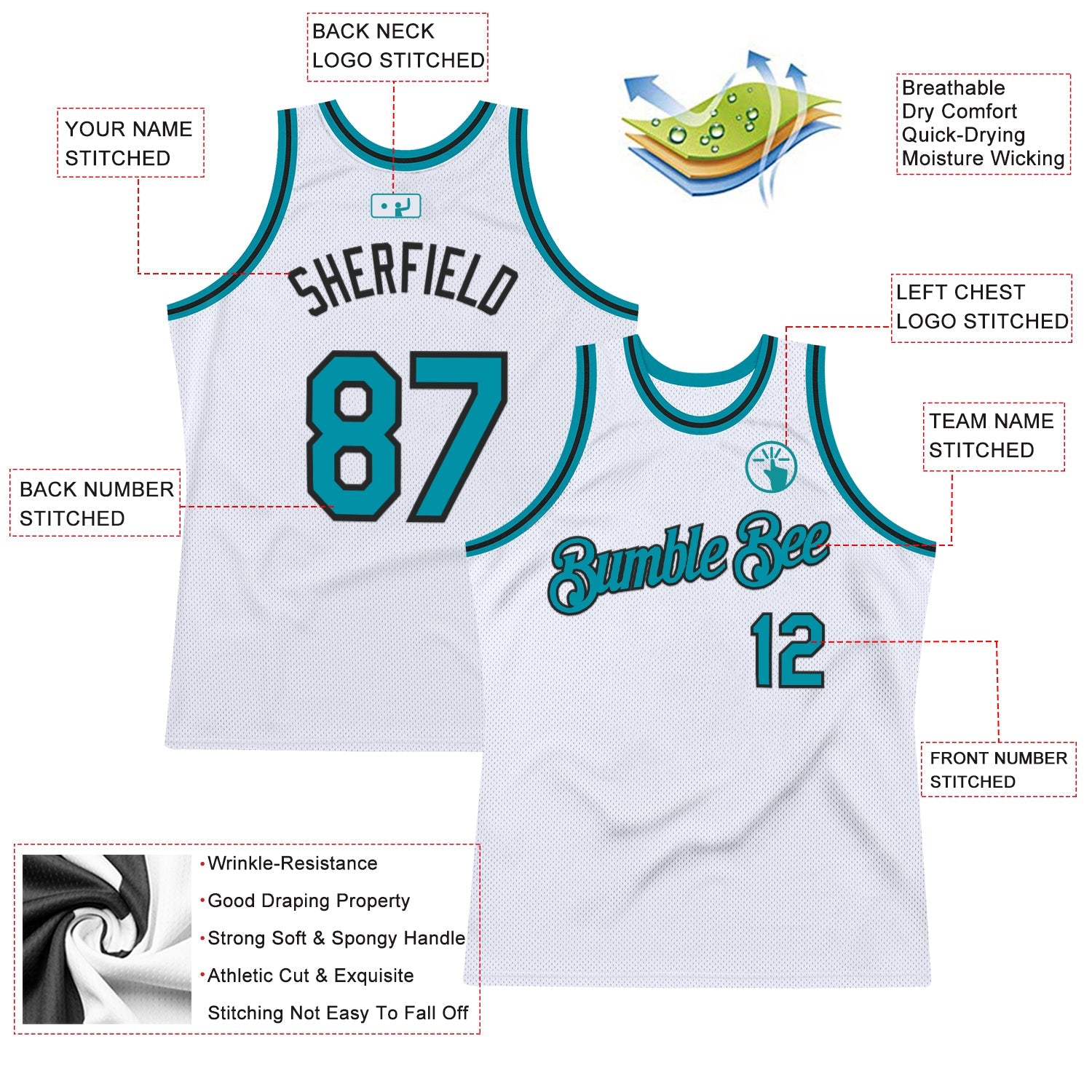 Custom White Teal-Black Authentic Throwback Basketball Jersey view 2