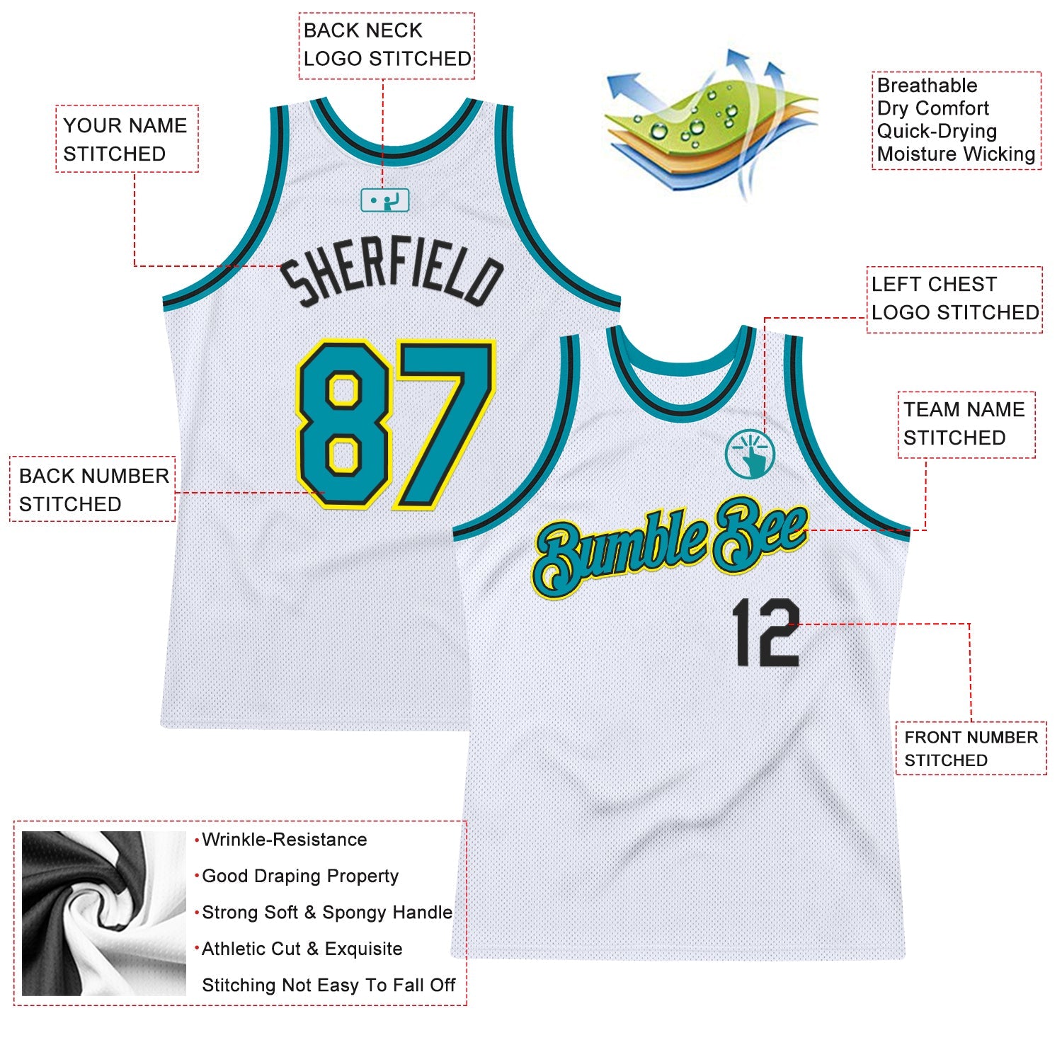 Custom White Teal Black-Light Yellow Authentic Throwback Basketball Jersey view 2