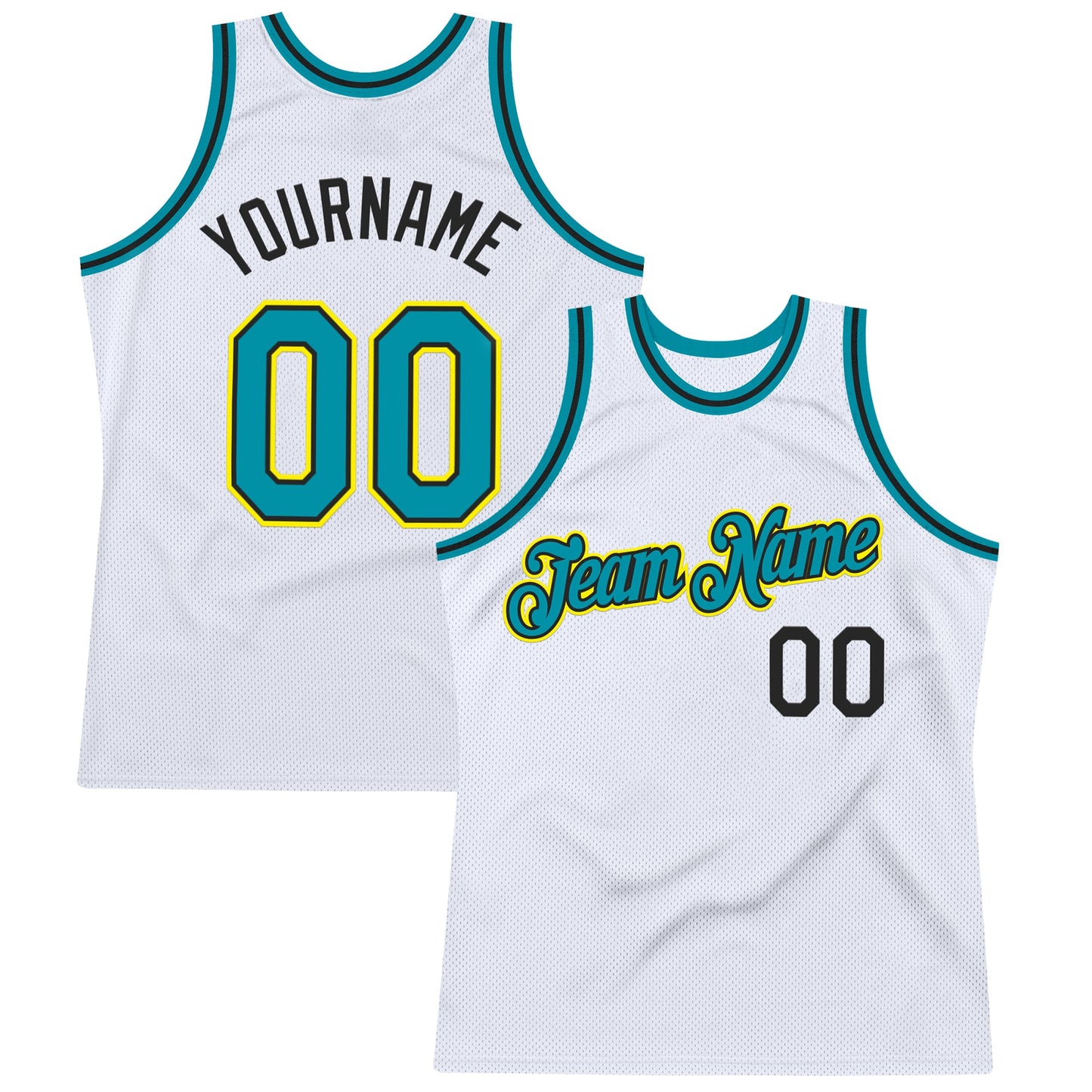 Custom White Teal Black-Light Yellow Authentic Throwback Basketball Jersey - Main View