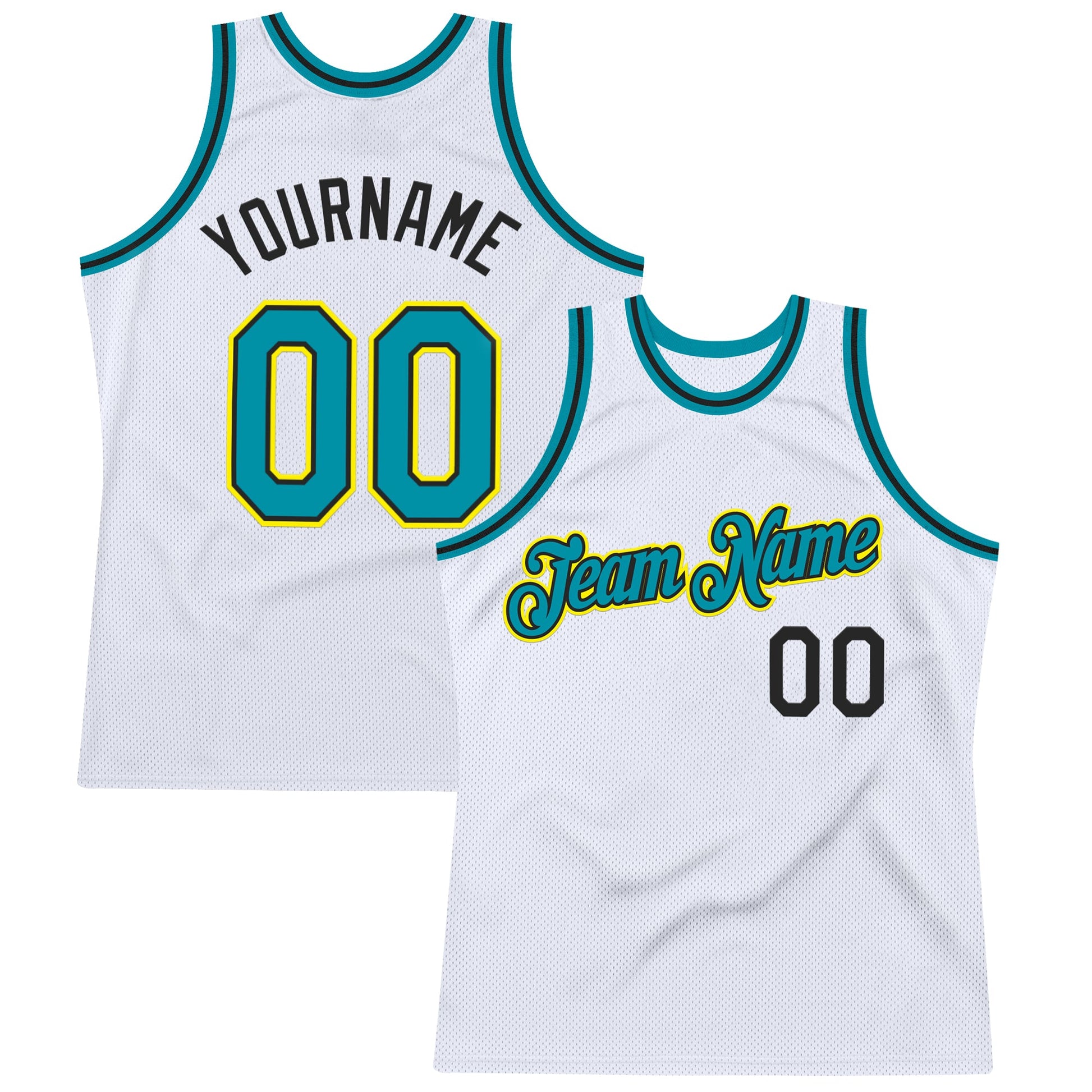 Custom White Teal Black-Light Yellow Authentic Throwback Basketball Jersey - Main View