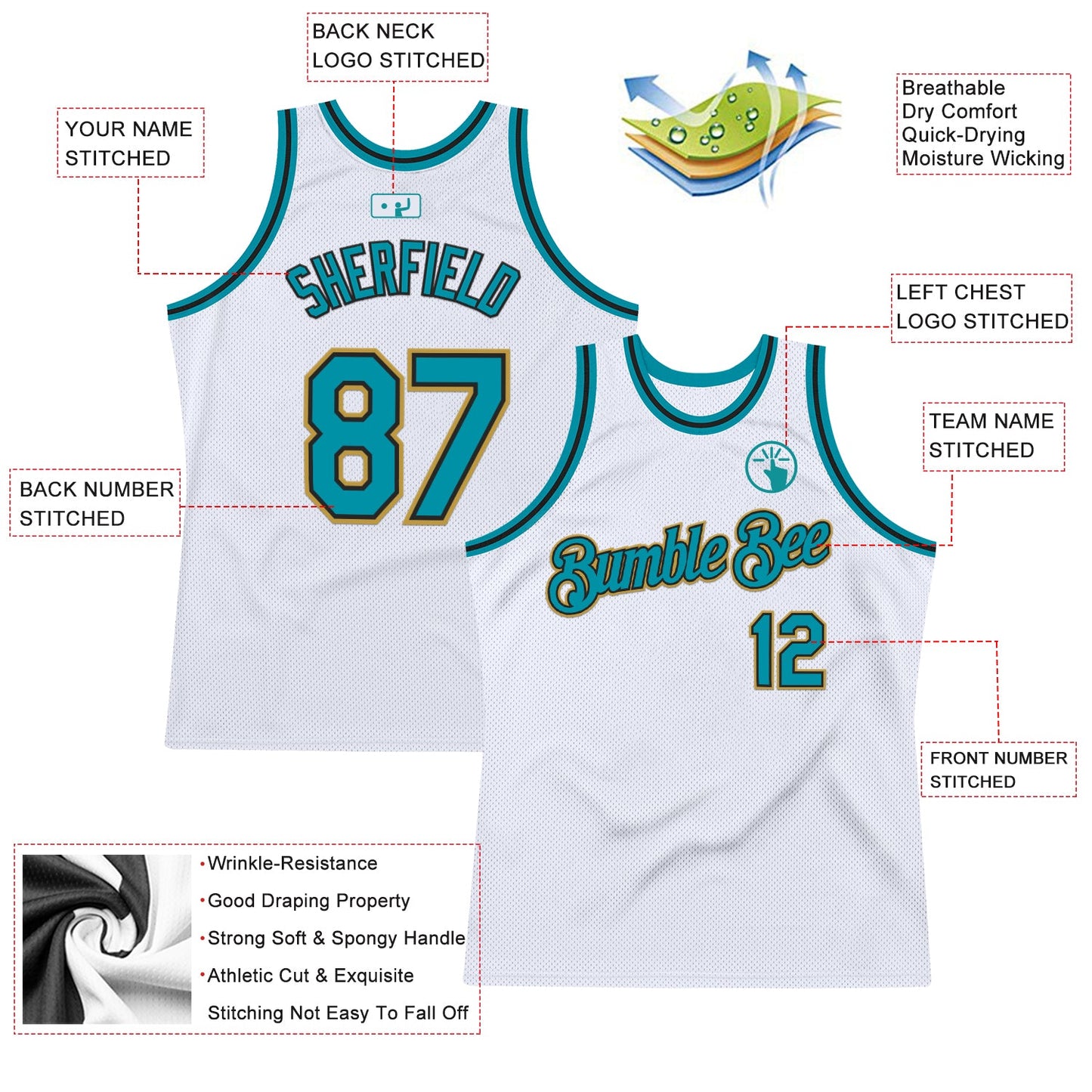 Custom White Teal Black-Old Gold Authentic Throwback Basketball Jersey view 2