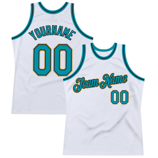 Custom White Teal Black-Old Gold Authentic Throwback Basketball Jersey - Main View