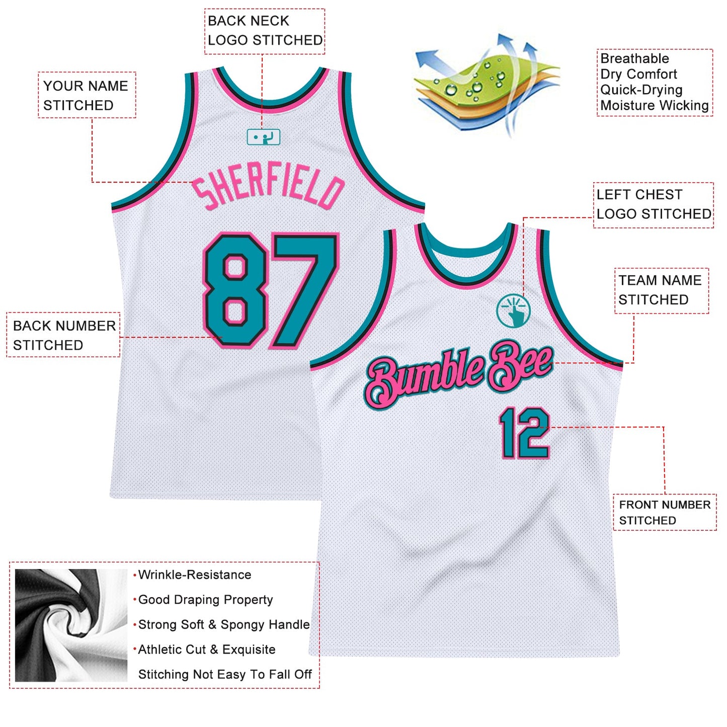 Custom White Teal Black-Pink Authentic Throwback Basketball Jersey view 2