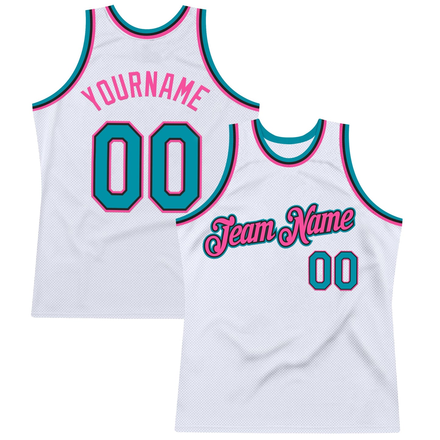 Custom White Teal Black-Pink Authentic Throwback Basketball Jersey - Main View