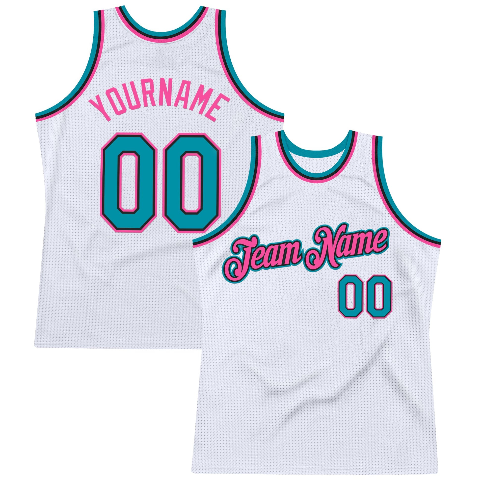 Custom White Teal Black-Pink Authentic Throwback Basketball Jersey - Main View