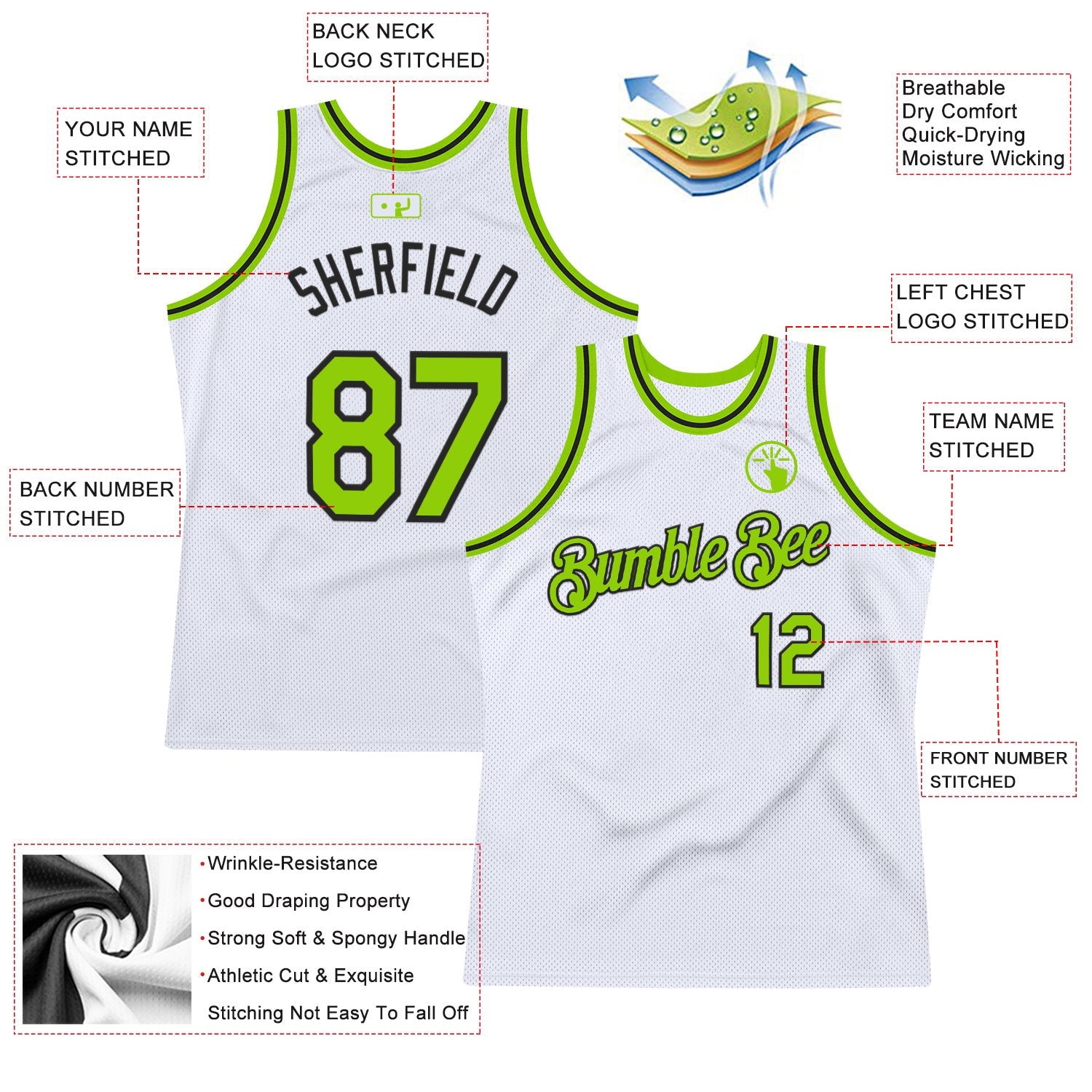 Custom White Neon Green-Black Authentic Throwback Basketball Jersey view 2
