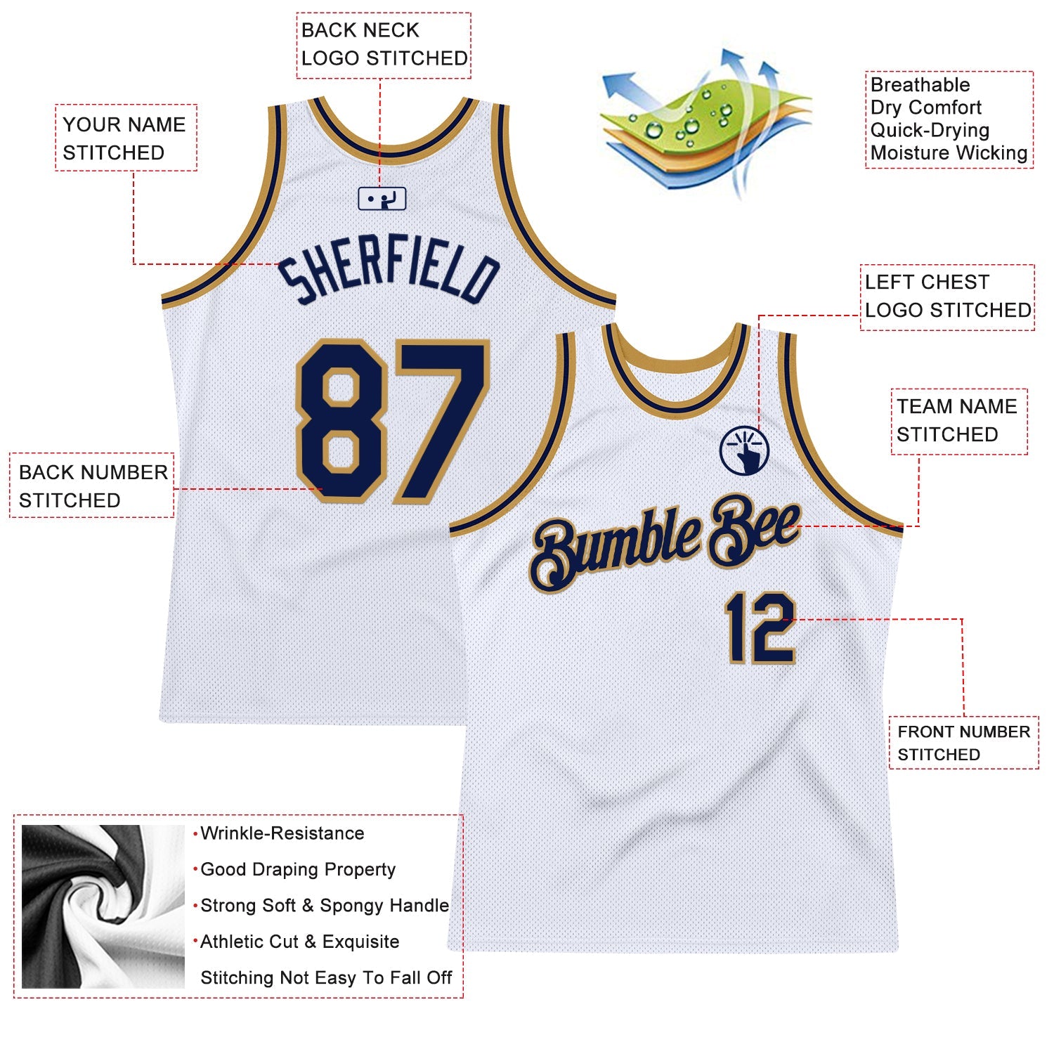 Custom White Navy-Old Gold Authentic Throwback Basketball Jersey view 2