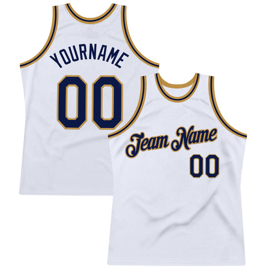 Custom White Navy-Old Gold Authentic Throwback Basketball Jersey - Main View