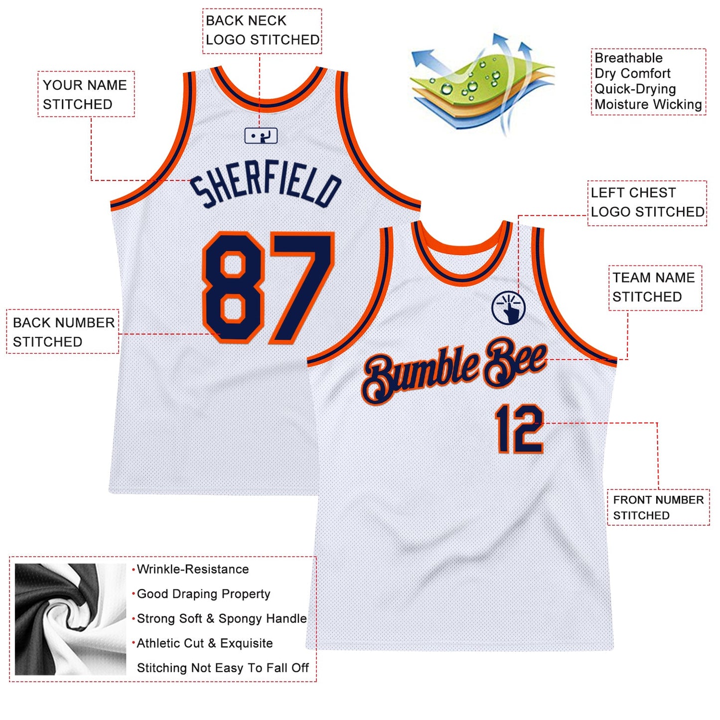 Custom White Navy-Orange Authentic Throwback Basketball Jersey view 2