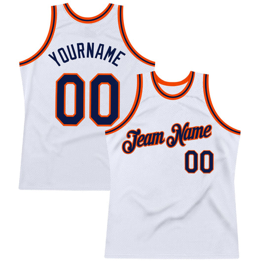 Custom White Navy-Orange Authentic Throwback Basketball Jersey - Main View