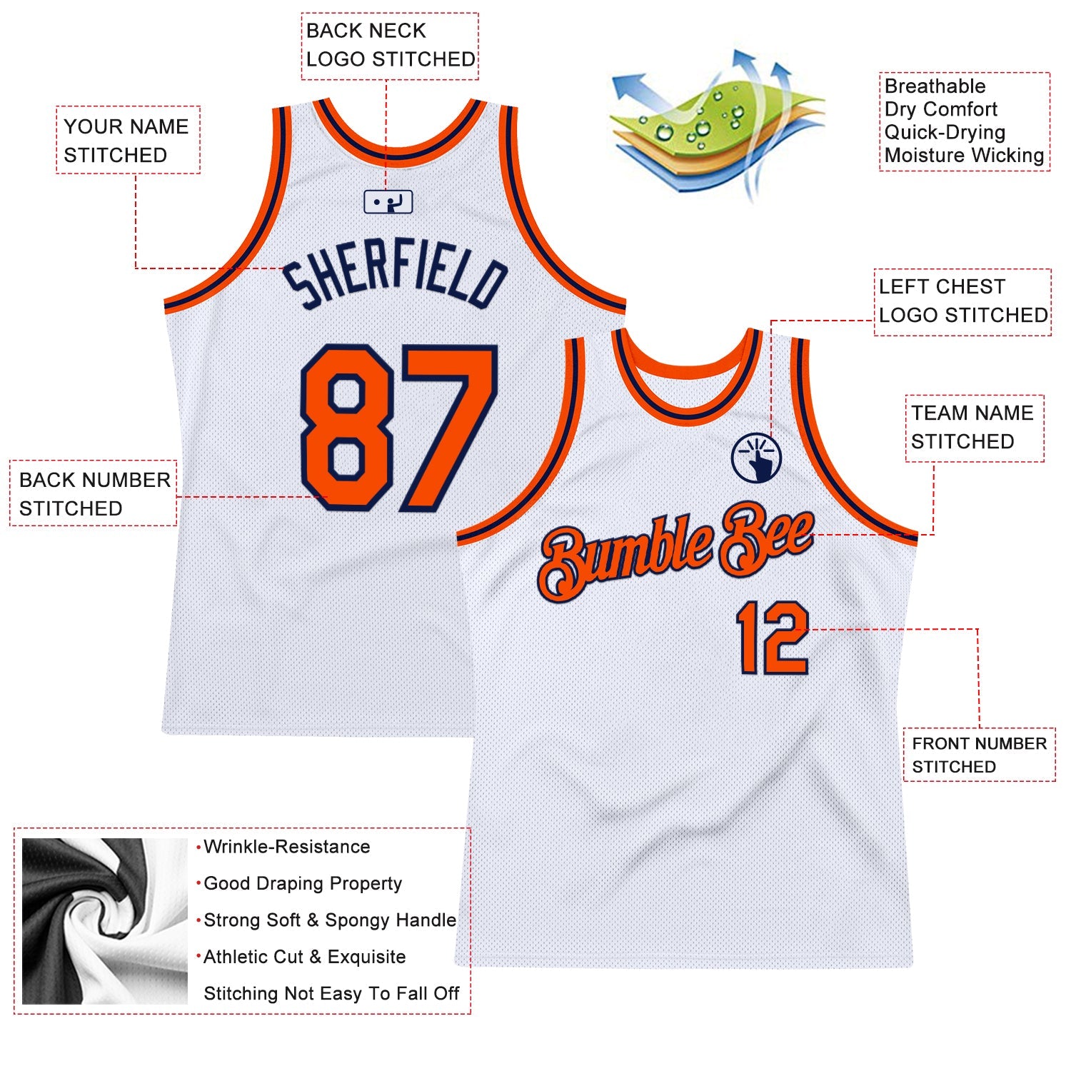 Custom White Orange-Navy Authentic Throwback Basketball Jersey view 2