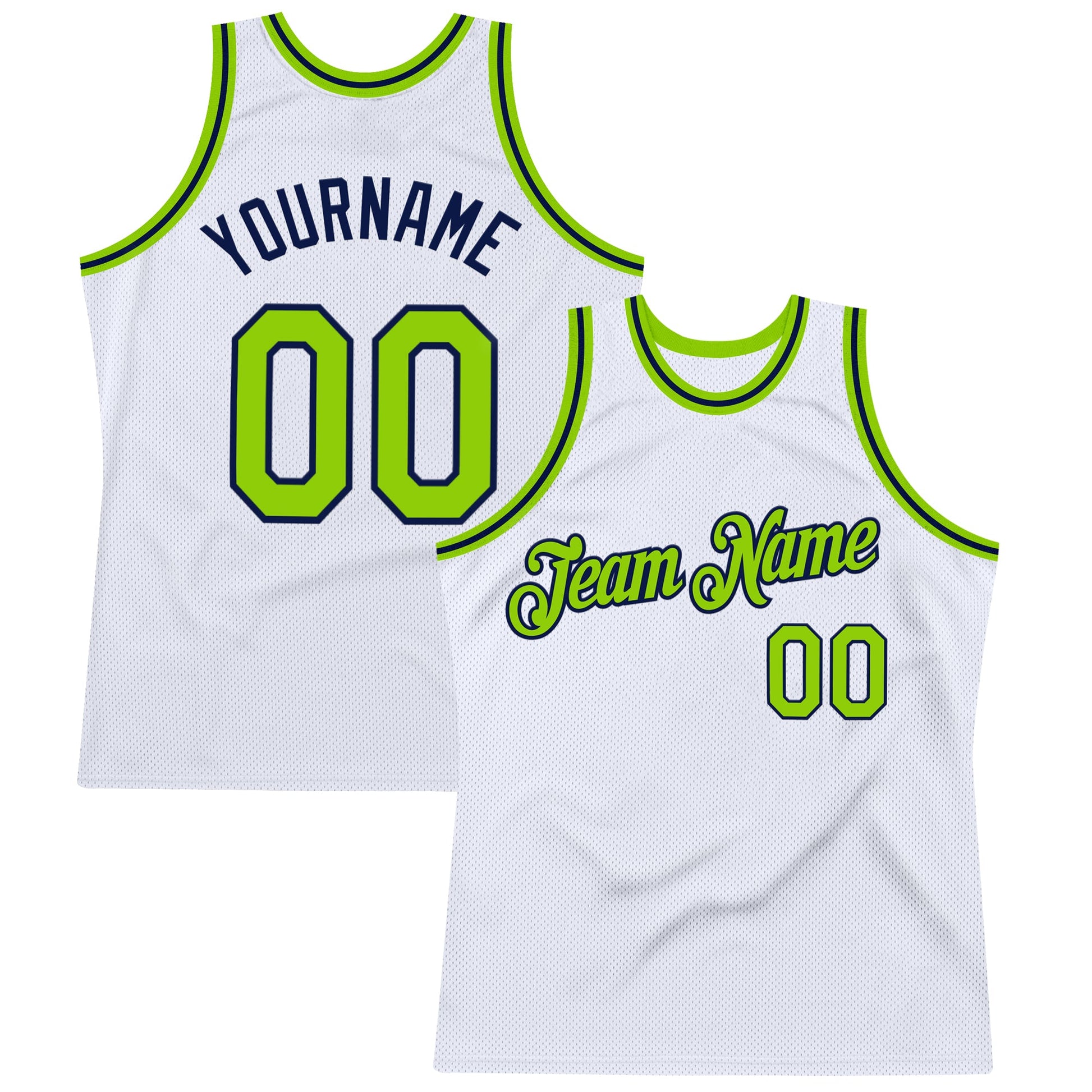 Custom White Neon Green-Navy Authentic Throwback Basketball Jersey - Main View