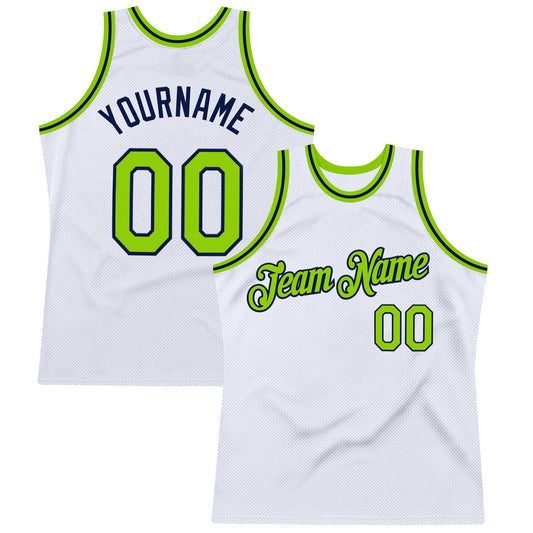 Custom White Neon Green-Navy Authentic Throwback Basketball Jersey - Main View