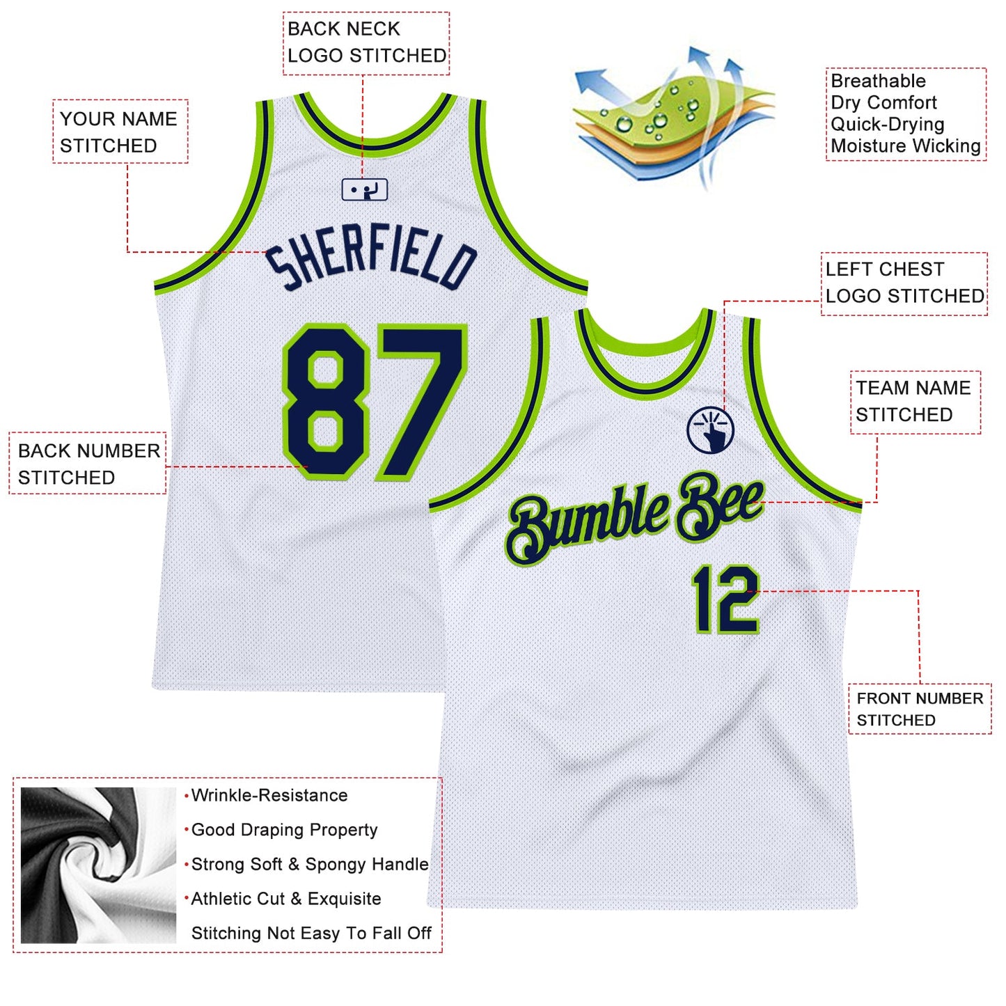 Custom White Navy-Neon Green Authentic Throwback Basketball Jersey view 2