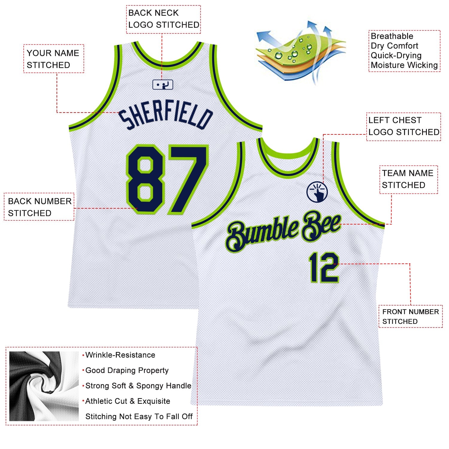 Custom White Navy-Neon Green Authentic Throwback Basketball Jersey view 2