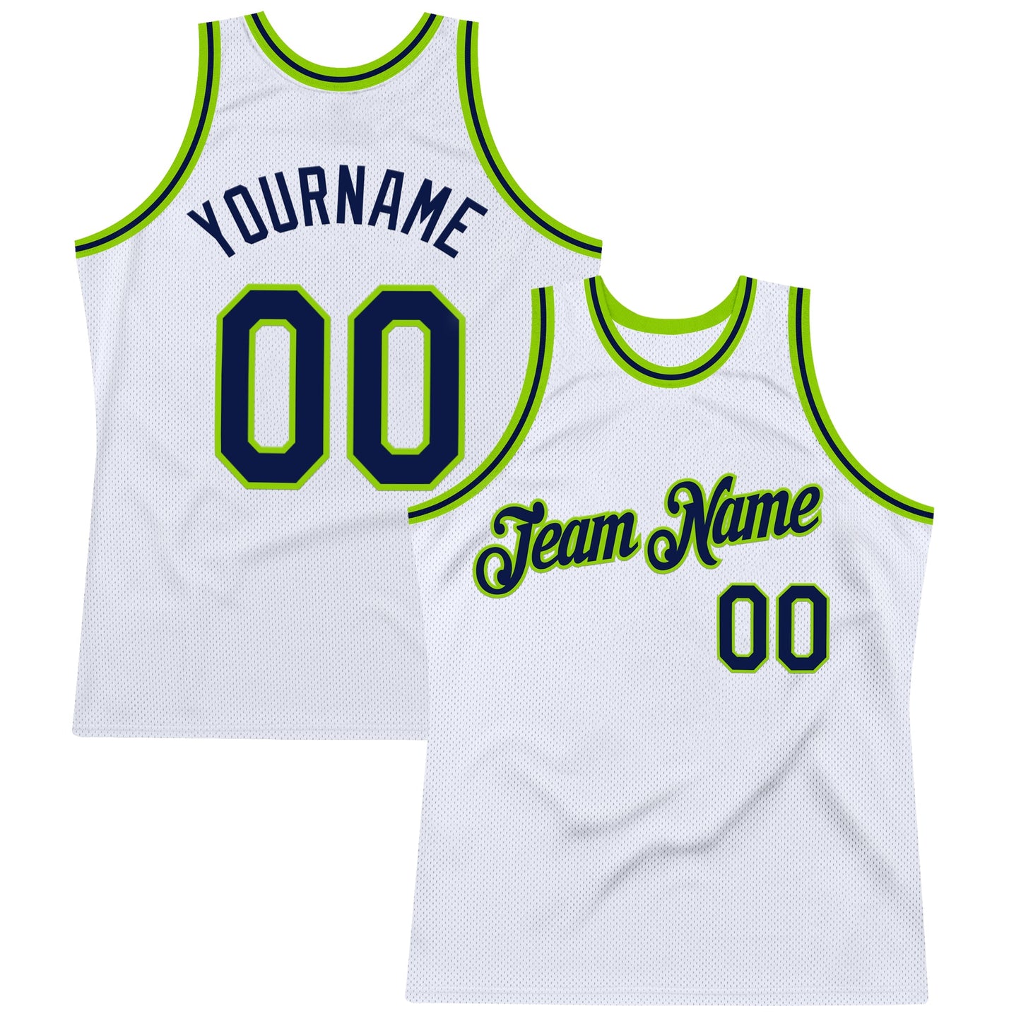 Custom White Navy-Neon Green Authentic Throwback Basketball Jersey - Main View
