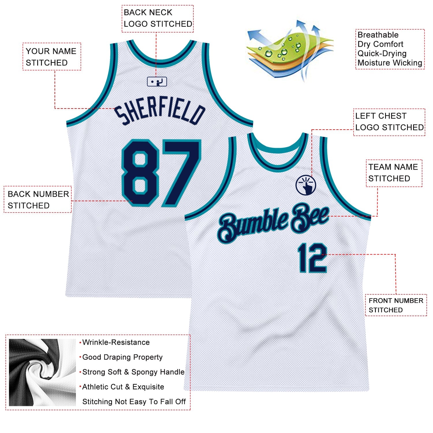 Custom White Navy-Teal Authentic Throwback Basketball Jersey view 2