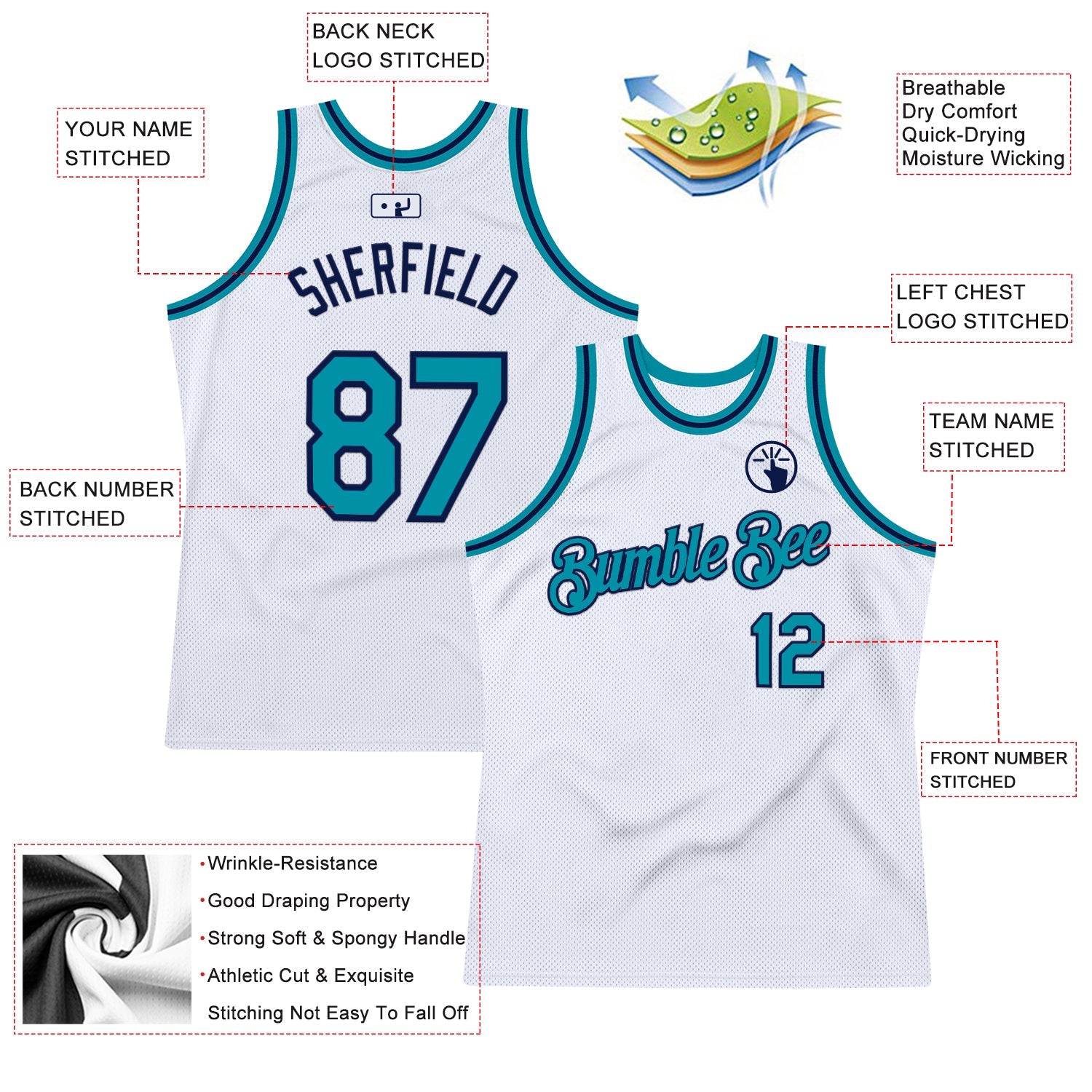 Custom White Teal-Navy Authentic Throwback Basketball Jersey view 2