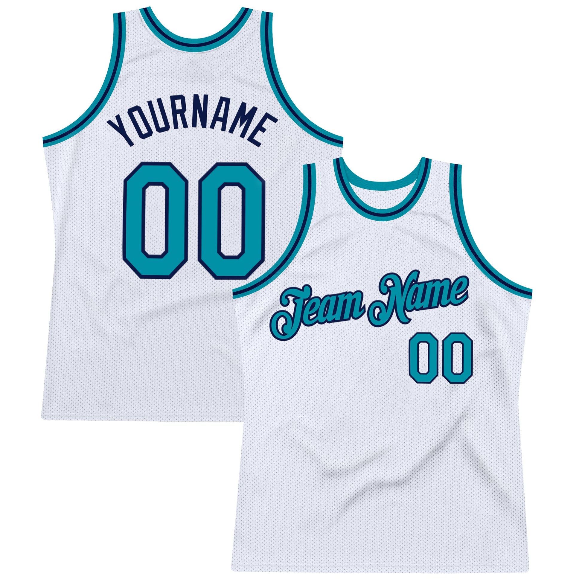 Custom White Teal-Navy Authentic Throwback Basketball Jersey - Main View