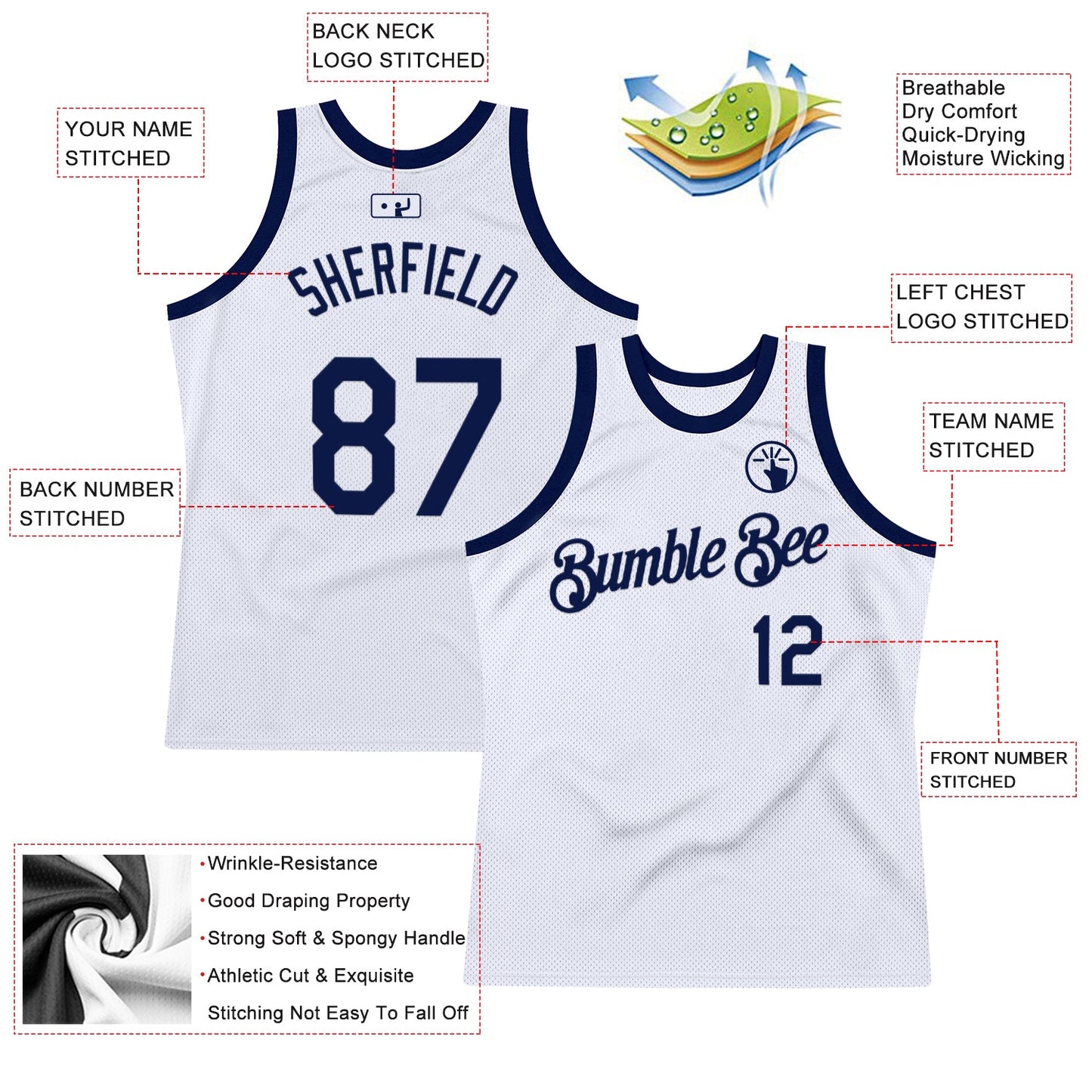 Custom White Navy Authentic Throwback Basketball Jersey view 2