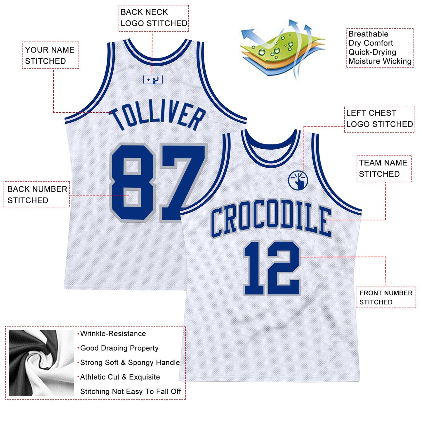 Custom White Royal-Gray Authentic Throwback Basketball Jersey view 2