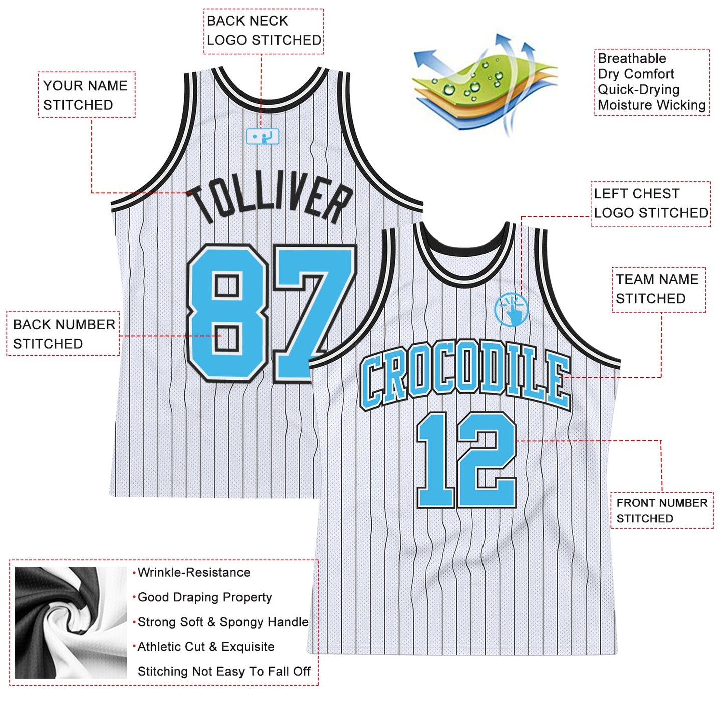 Custom White Black Pinstripe Sky Blue Authentic Basketball Jersey view 2