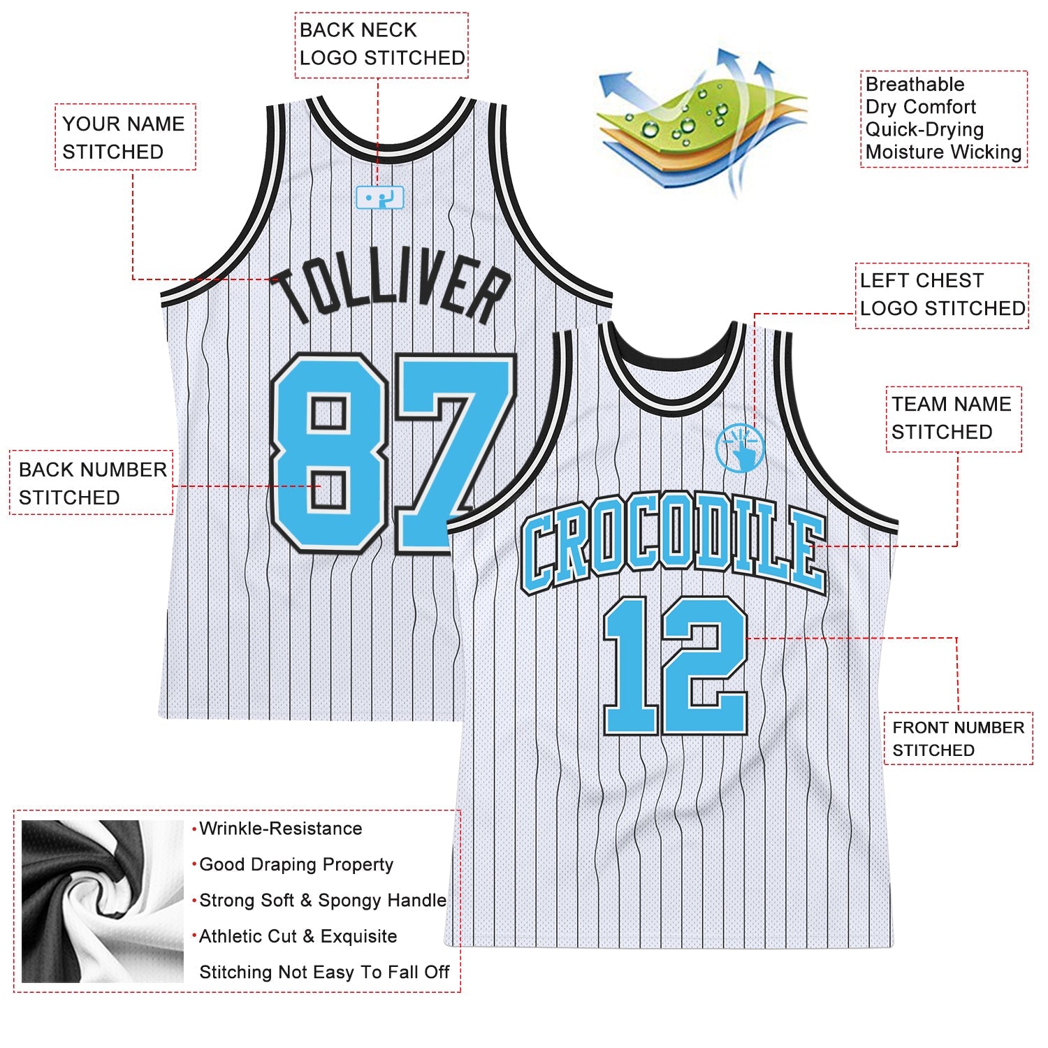 Custom White Black Pinstripe Sky Blue Authentic Basketball Jersey view 2