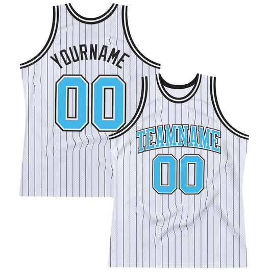 Custom White Black Pinstripe Sky Blue Authentic Basketball Jersey - Main View