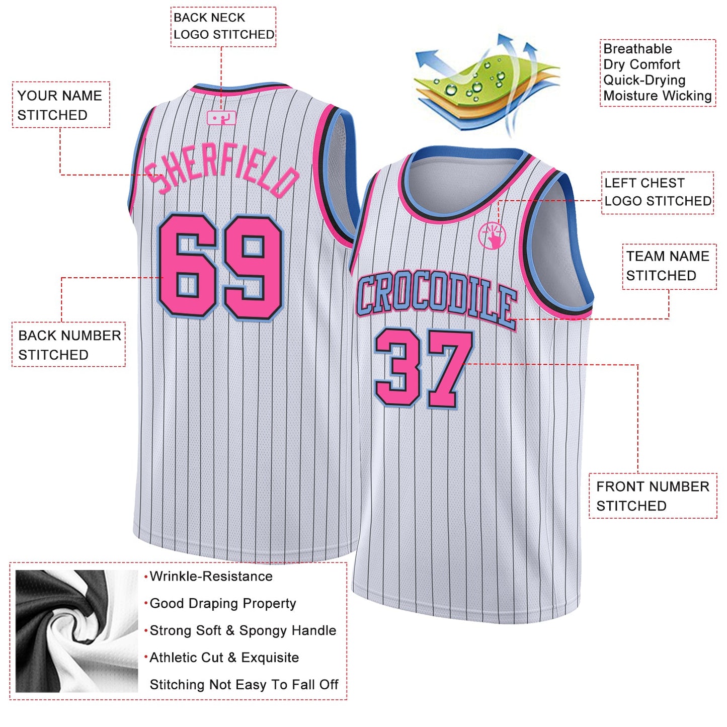 Custom White Black Pinstripe Pink-Light Blue Authentic Basketball Jersey view 2