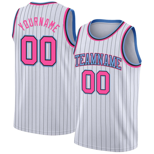 Custom White Black Pinstripe Pink-Light Blue Authentic Basketball Jersey - Main View