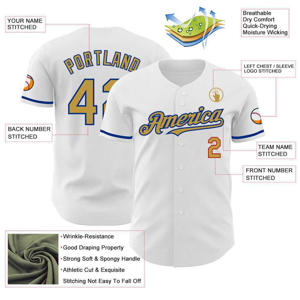 Custom White Old Gold Royal-Red Authentic Baseball Jersey view 3