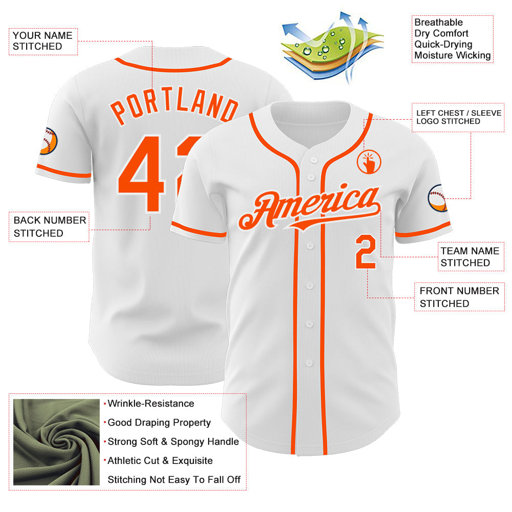 Custom White Orange Authentic Baseball Jersey view 3