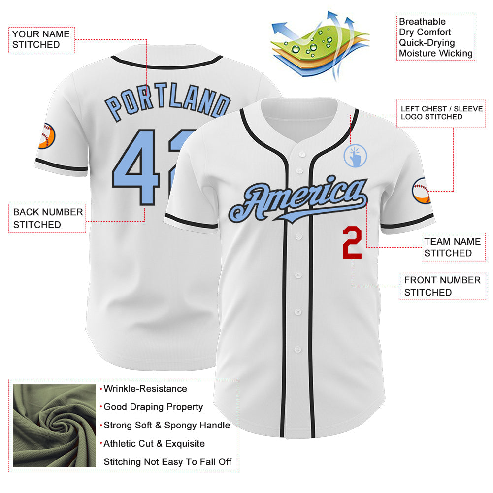 Custom White Light Blue Black-Red Authentic Baseball Jersey view 3